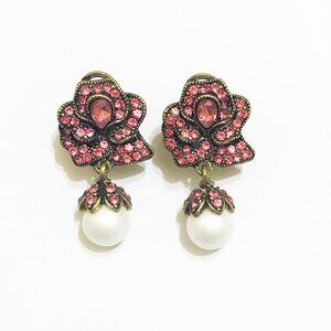 Heidi Daus Flower Pearl Hot Pink Crystal Dangle Earrings